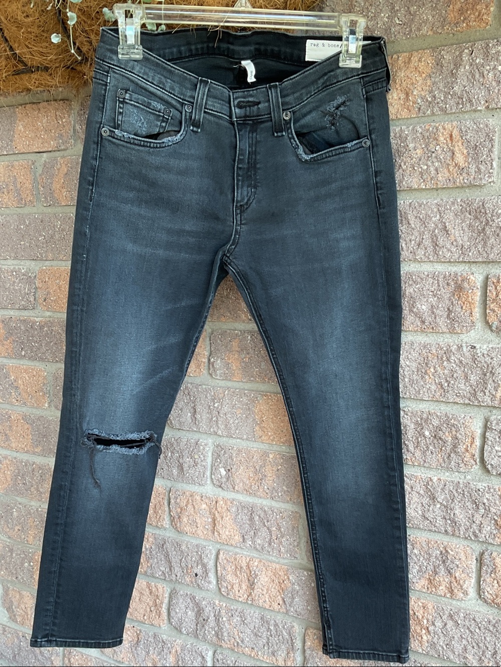 rag & bone Black Washed Skinny Jeans with Knee Rip